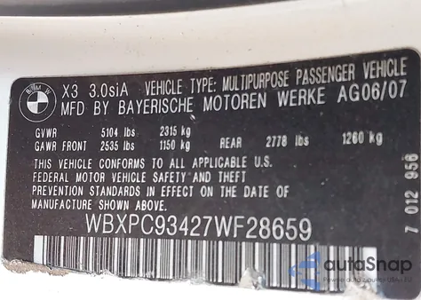 2007 BMW X3 3.0Si from USA, damaged, VIN WBXPC93427WF28659